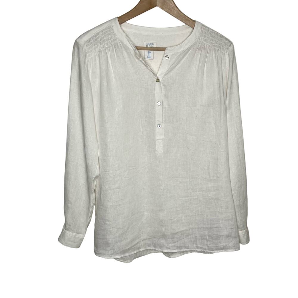 Sigrid Olsen Women Quarter Button Pullover Linen Top Small White Roll Tab Sleeve